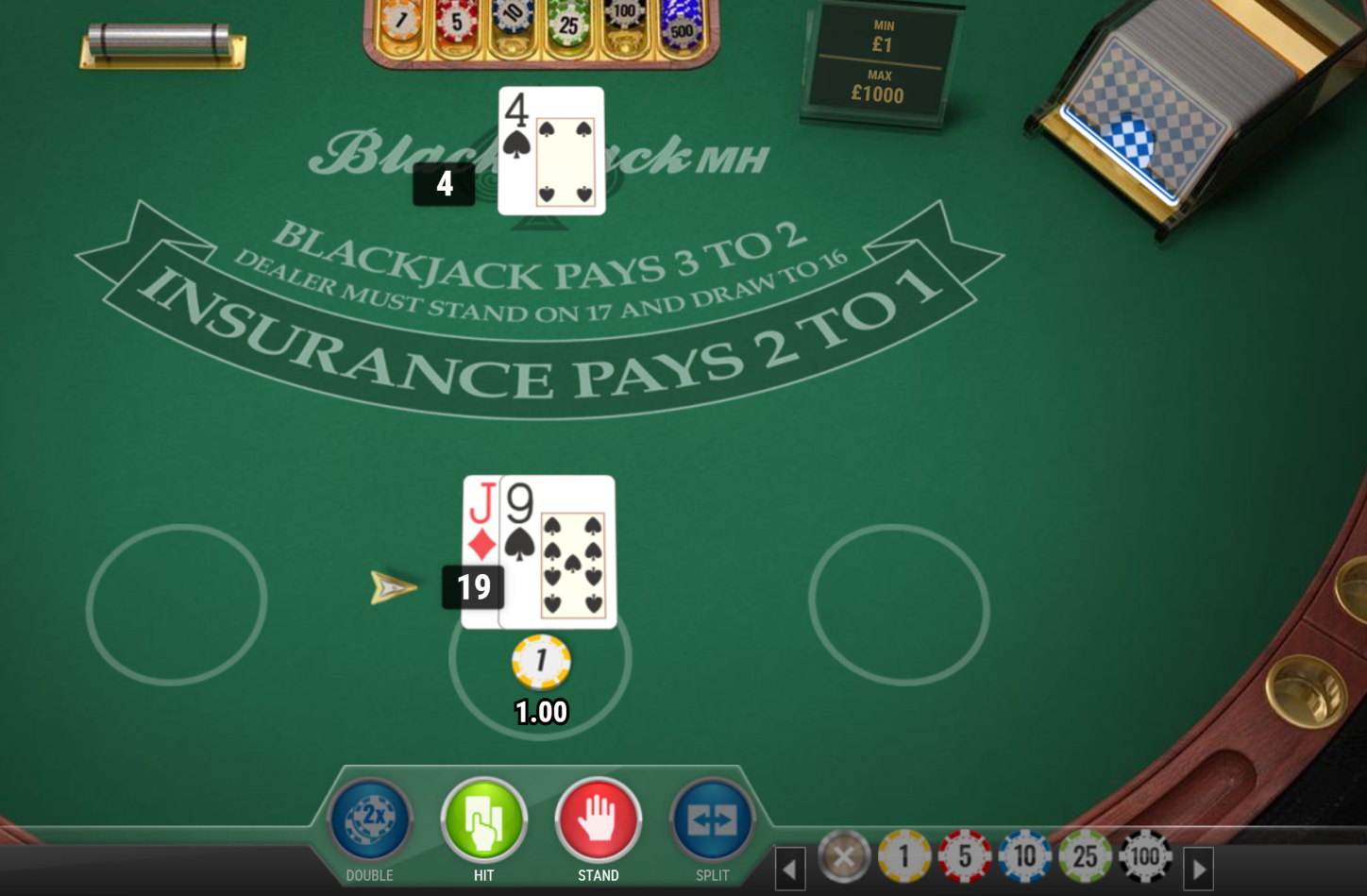 Online blackjack table shwoing dealer with a 4 card and the player with a jack card and a 9 card